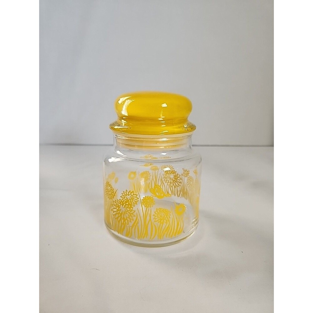 Yellow Daisy Jar Canister Flower Glass Apothecary 5.5” Retro Groovy Boho 70s 80s